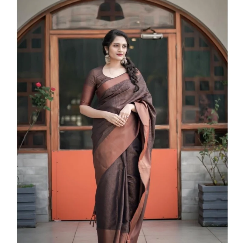 Women's Soft Lichi Silk Printed Saree With Unstitched Blouse 5.5Mtr (Brown) - Image 4