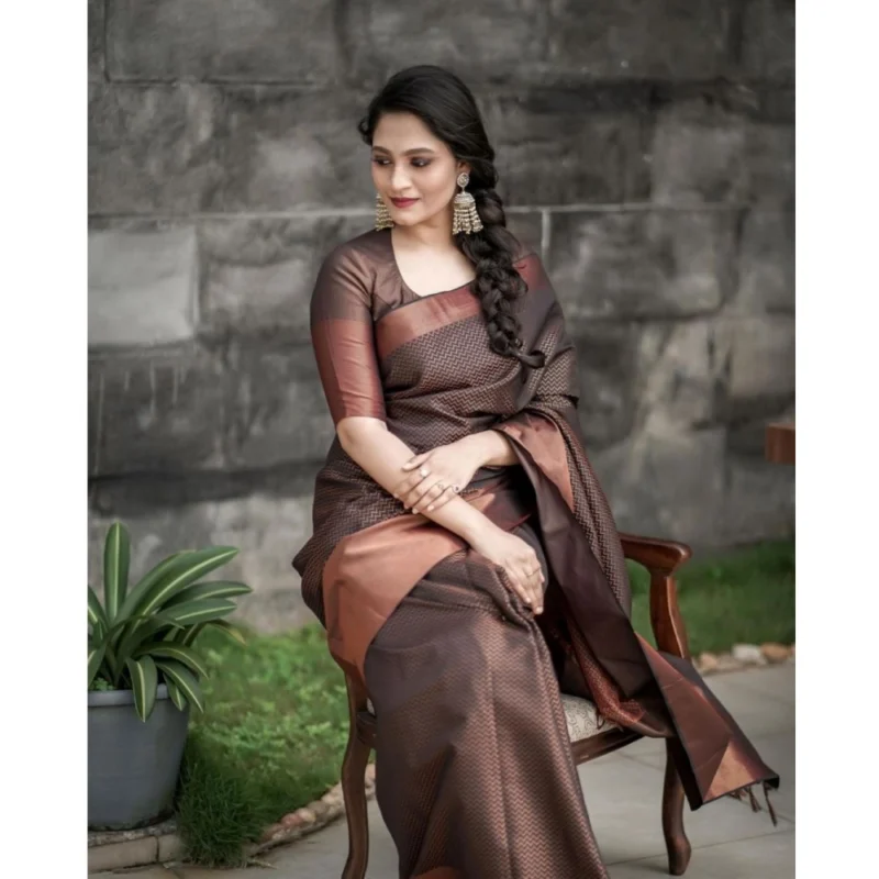 Women's Soft Lichi Silk Printed Saree With Unstitched Blouse 5.5Mtr (Brown) - Image 2