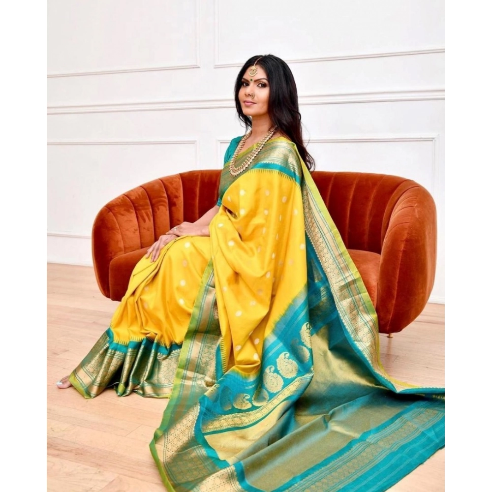 Women's Soft Lichi Silk Printed Saree With Unstitched Blouse 5.5Mtr (Yellow) - Image 4