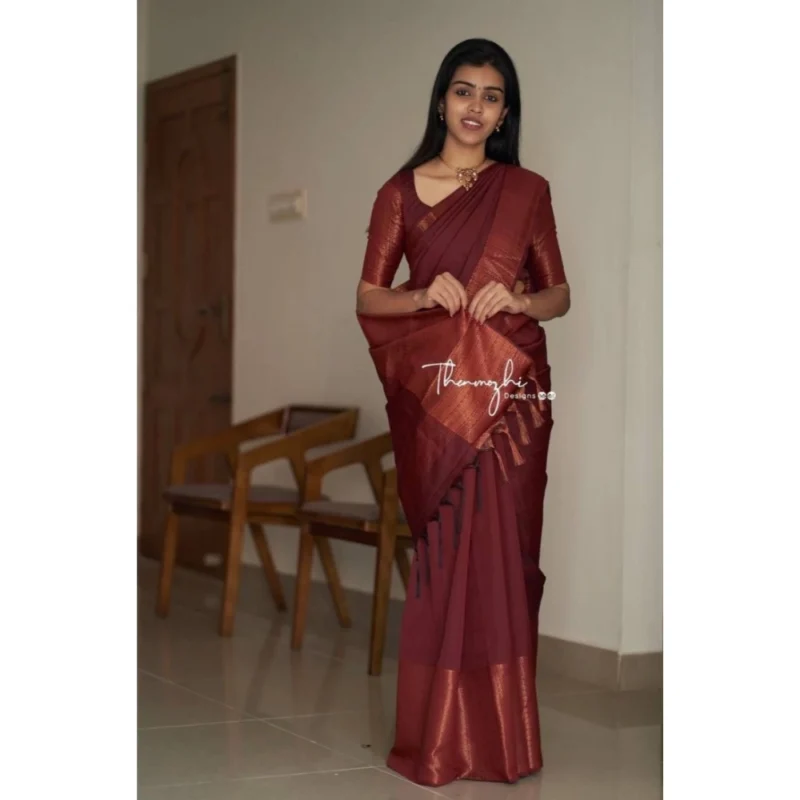 Women's Soft Lichi Silk Solid Saree With Unstitched Blouse 5.5Mtr (Maroon) - Image 2