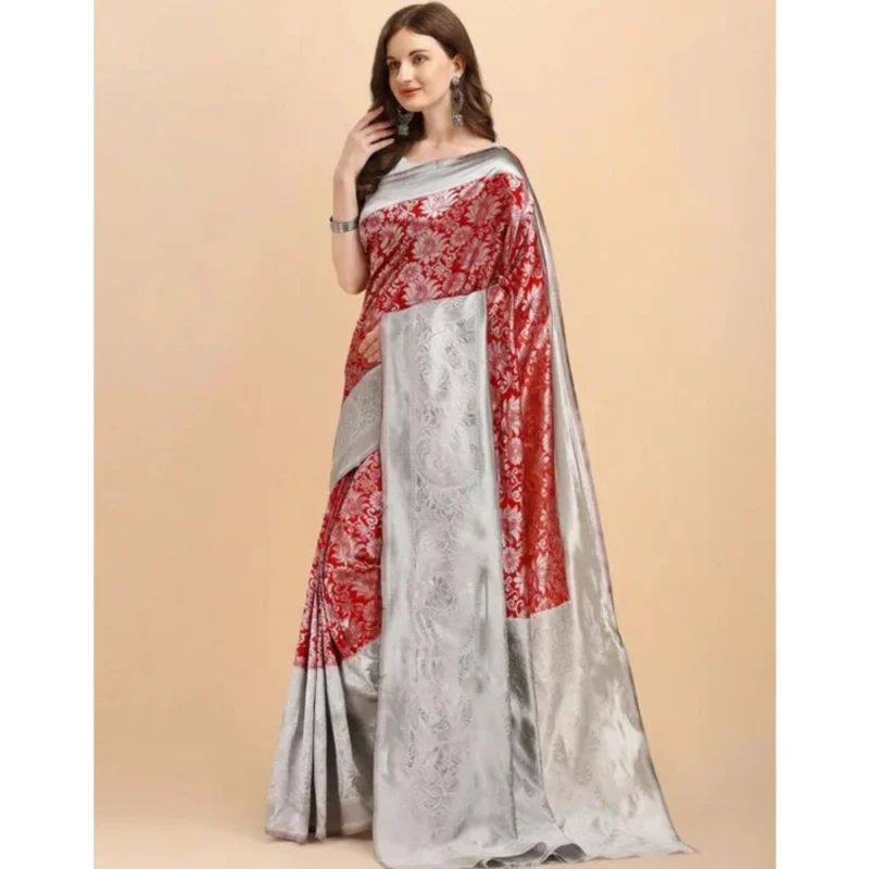 Women's Soft Lichi Silk Printed Saree With Unstitched Blouse 5.5Mtr (Red) - Image 4