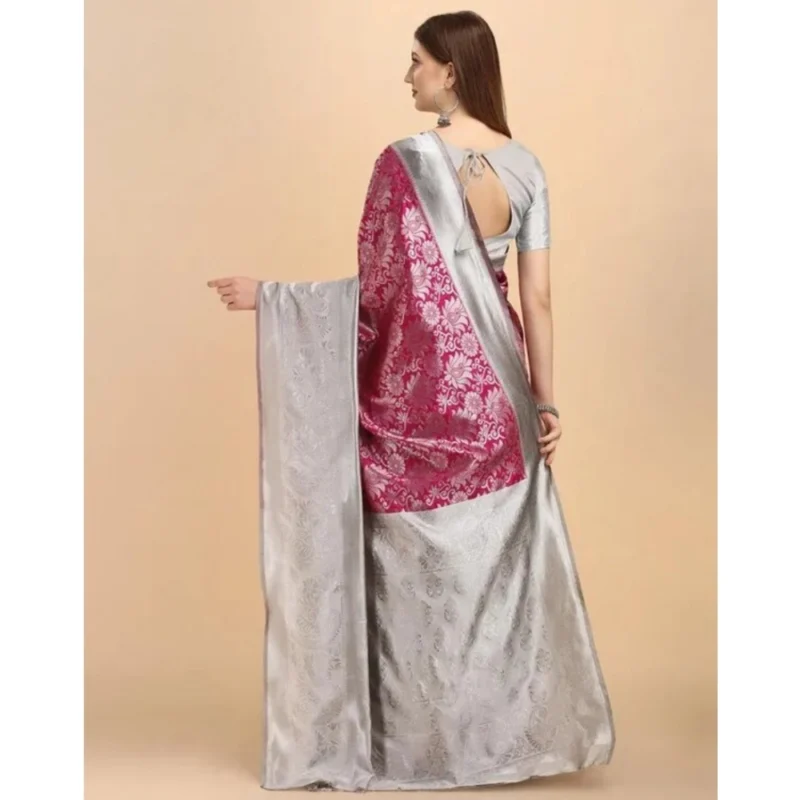 Women's Soft Lichi Silk Printed Saree With Unstitched Blouse 5.5Mtr (Pink) - Image 4