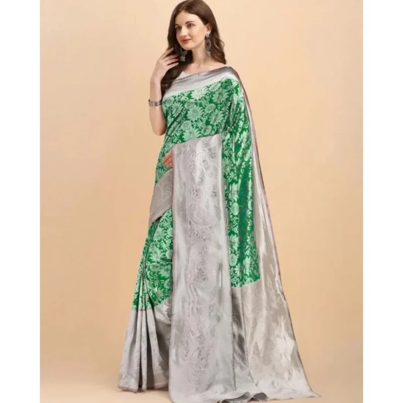 Women's Soft Lichi Silk Printed Saree With Unstitched Blouse 5.5Mtr (Green) - Image 4
