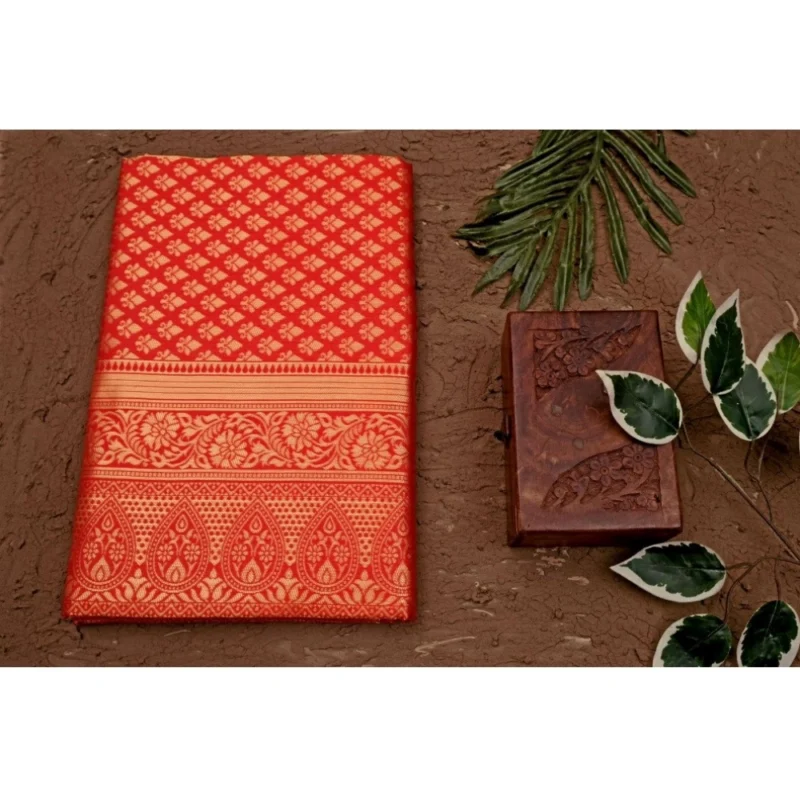Women's Soft Lichi Silk Printed Saree With Unstitched Blouse 5.5Mtr (Red) - Image 3