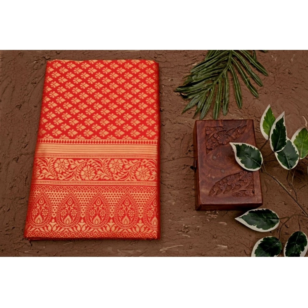 Women's Soft Lichi Silk Printed Saree With Unstitched Blouse 5.5Mtr (Red) - Image 3