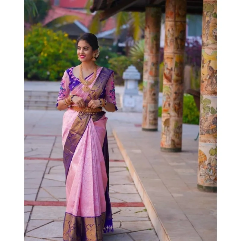 Women's Soft Lichi Silk Printed Saree With Unstitched Blouse 5.5Mtr (Purple) - Image 2