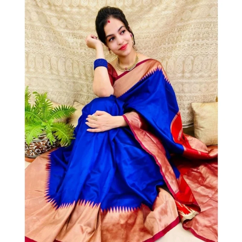 Women's Soft Lichi Silk Solid Saree With Unstitched Blouse 5.5Mtr (Blue) - Image 3