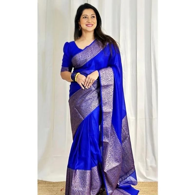 Women's Soft Lichi Silk Solid Saree With Unstitched Blouse 5.5Mtr (Blue) - Image 3