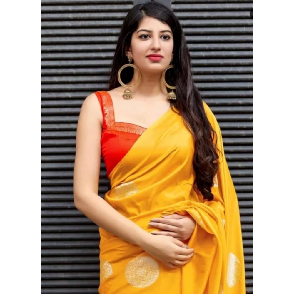 Women's Soft Lichi Silk Printed Saree With Unstitched Blouse 5.5Mtr (Yellow) - Image 2