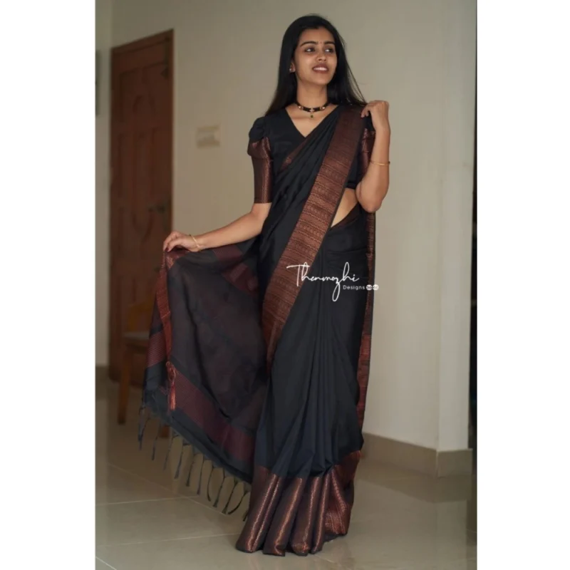 Women's Soft Lichi Silk Solid Saree With Unstitched Blouse 5.5Mtr (Black) - Image 2