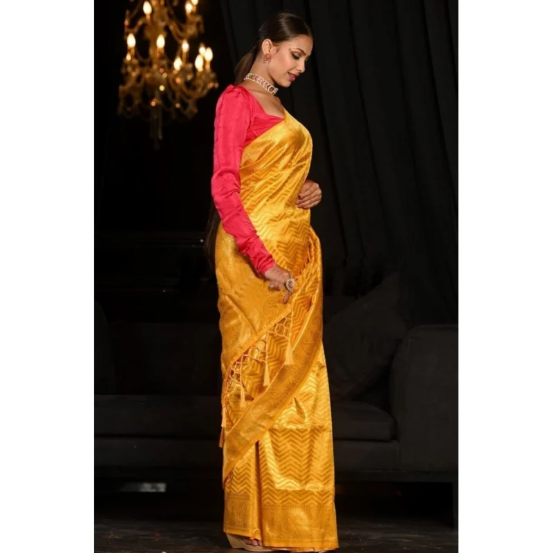 Women's Soft Lichi Silk Woven Saree With Unstitched Blouse 5.5Mtr (Yellow) - Image 4