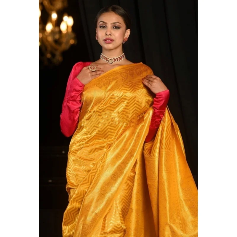 Women's Soft Lichi Silk Woven Saree With Unstitched Blouse 5.5Mtr (Yellow) - Image 2
