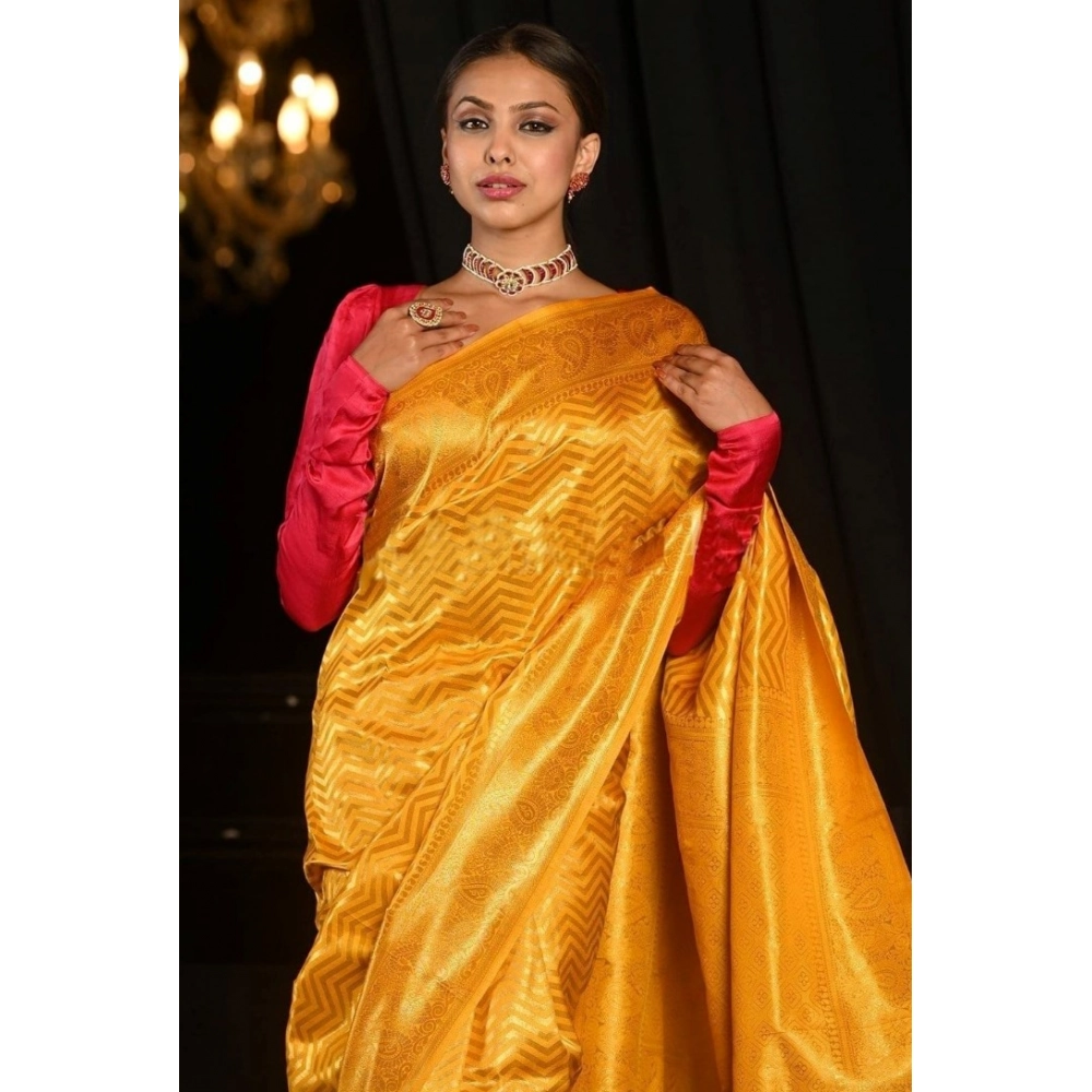 Women's Soft Lichi Silk Woven Saree With Unstitched Blouse 5.5Mtr (Yellow) - Image 2