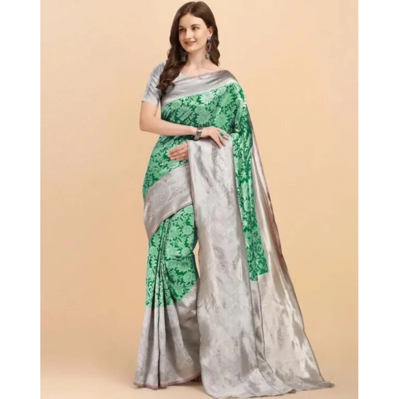 Women's Soft Lichi Silk Printed Saree With Unstitched Blouse 5.5Mtr (Green) - Image 2