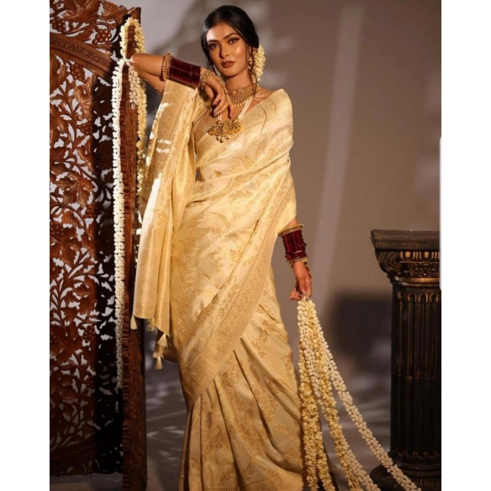 Women's Soft Lichi Silk Printed Saree With Unstitched Blouse 5.5Mtr (Golden) - Image 4