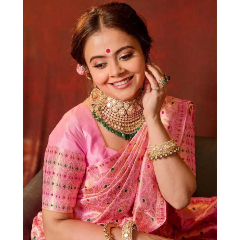 Women's Soft Lichi Silk Printed Saree With Unstitched Blouse 5.5Mtr (Pink) - Image 2