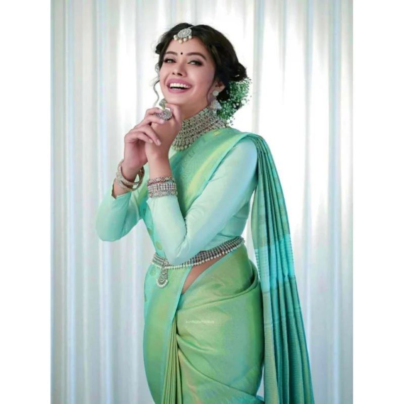 Women's Soft Lichi Silk Printed Saree With Unstitched Blouse 5.5Mtr (Light Green) - Image 2