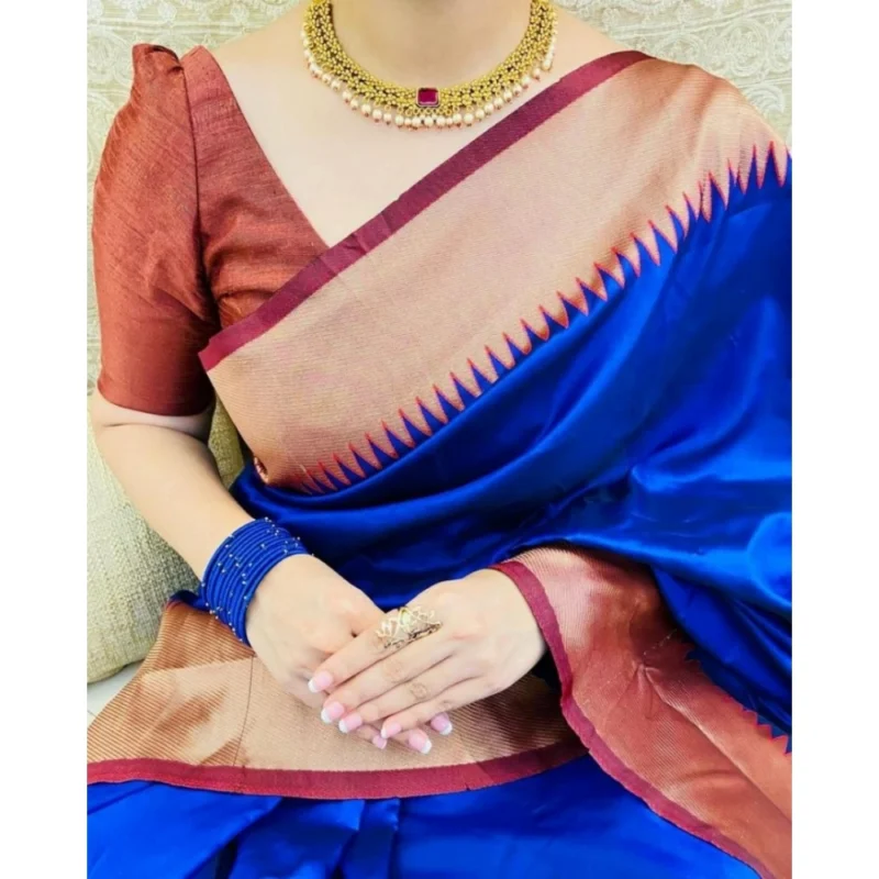 Women's Soft Lichi Silk Solid Saree With Unstitched Blouse 5.5Mtr (Blue) - Image 2