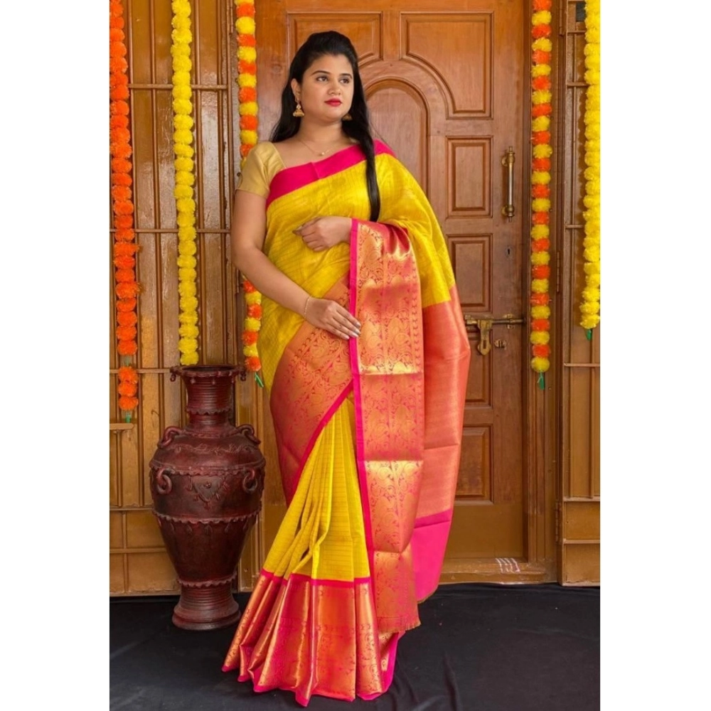 Women's Soft Lichi Silk Printed Saree With Unstitched Blouse 5.5Mtr (Yellow) - Image 3