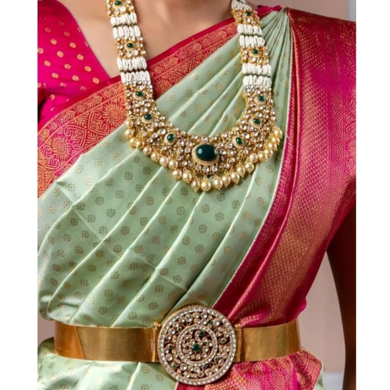 Women's Soft Lichi Silk Printed Saree With Unstitched Blouse 5.5Mtr (Light Green) - Image 4