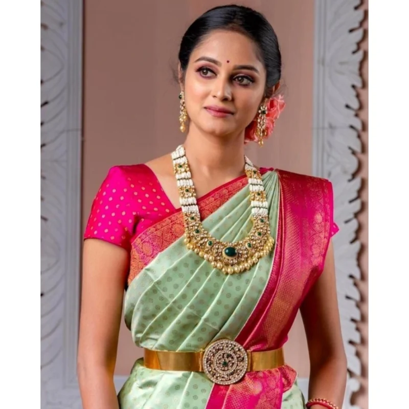 Women's Soft Lichi Silk Printed Saree With Unstitched Blouse 5.5Mtr (Light Green) - Image 2