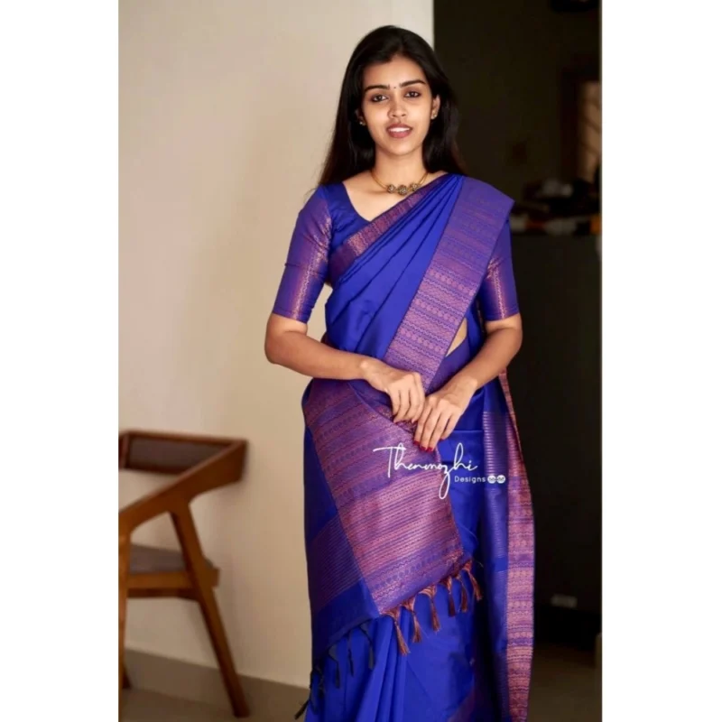 Women's Soft Lichi Silk Solid Saree With Unstitched Blouse 5.5Mtr (Blue) - Image 3