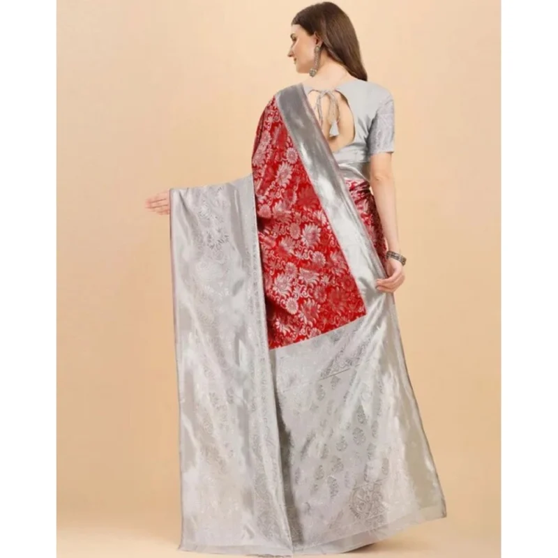 Women's Soft Lichi Silk Printed Saree With Unstitched Blouse 5.5Mtr (Red) - Image 3