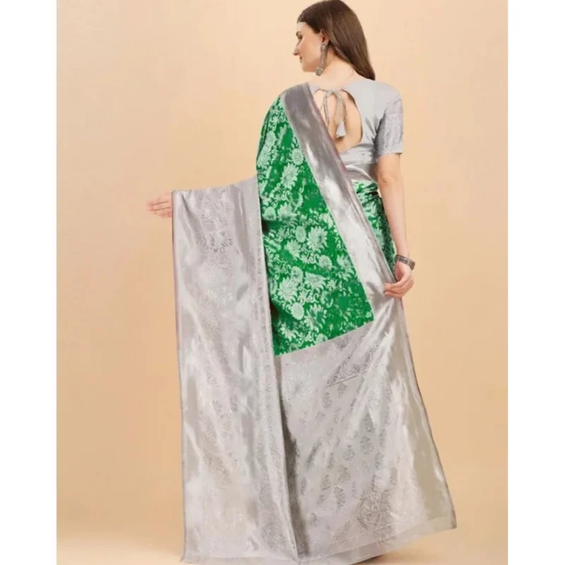 Women's Soft Lichi Silk Printed Saree With Unstitched Blouse 5.5Mtr (Green) - Image 3