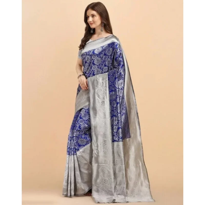 Women's Soft Lichi Silk Printed Saree With Unstitched Blouse 5.5Mtr (Blue) - Image 3