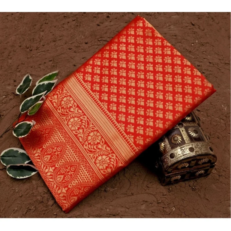 Women's Soft Lichi Silk Printed Saree With Unstitched Blouse 5.5Mtr (Red) - Image 4
