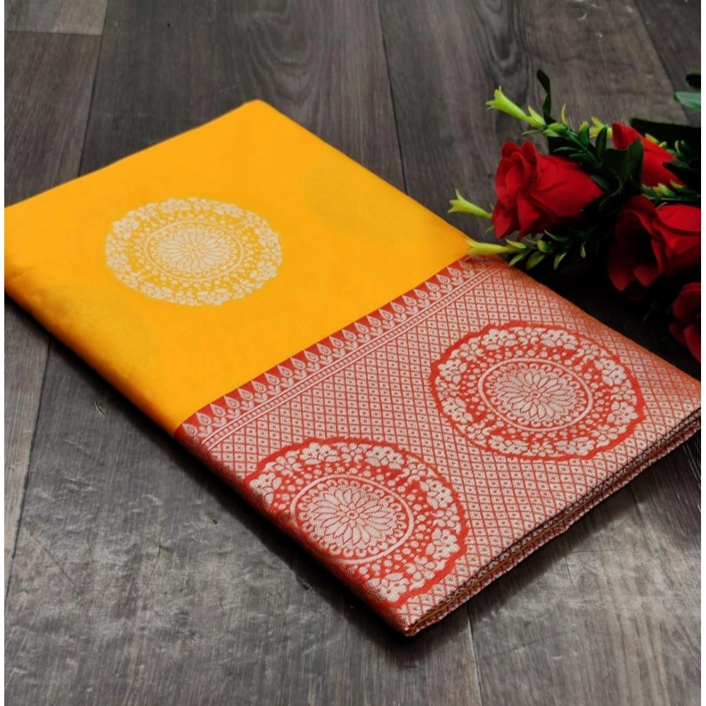 Women's Soft Lichi Silk Printed Saree With Unstitched Blouse 5.5Mtr (Yellow) - Image 4