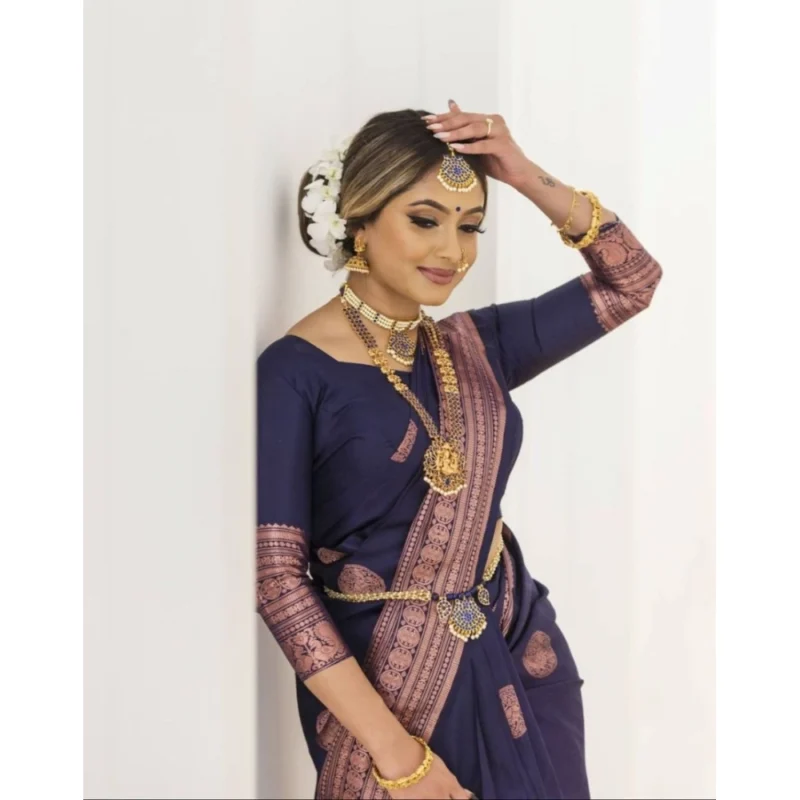 Women's Soft Lichi Silk Printed Saree With Unstitched Blouse 5.5Mtr (Navy Blue) - Image 2
