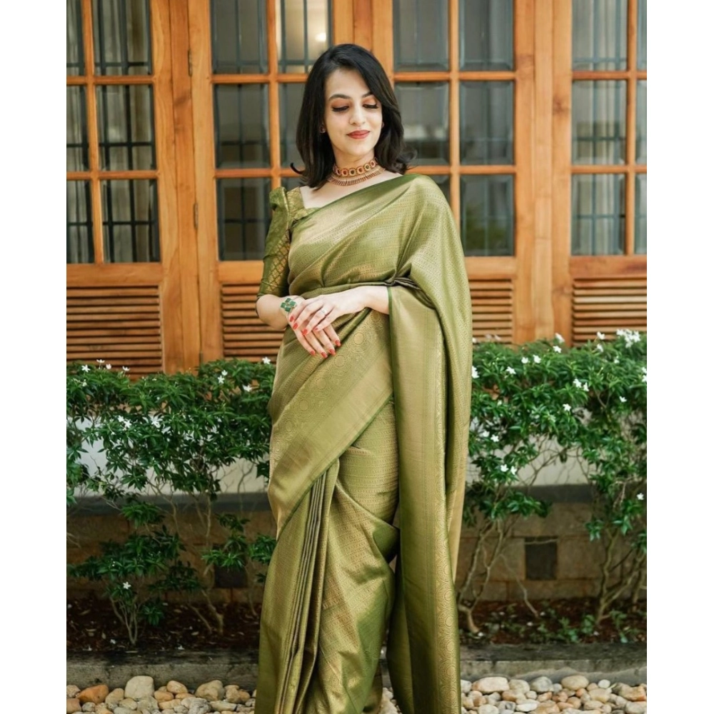 Women's Soft Lichi Silk Printed Saree With Unstitched Blouse 5.5Mtr (Green) - Image 4