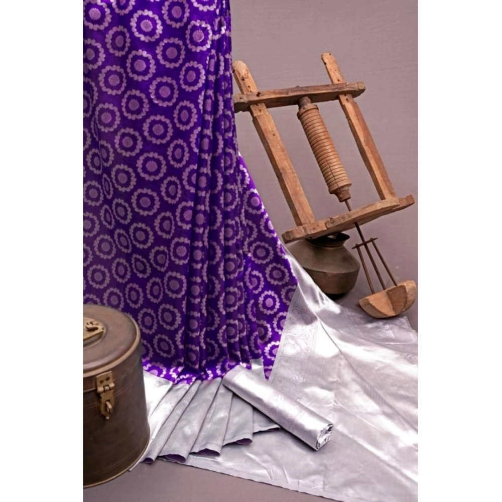 Women's Soft Lichi Silk Printed Saree With Unstitched Blouse 5.5Mtr (Purple) - Image 3