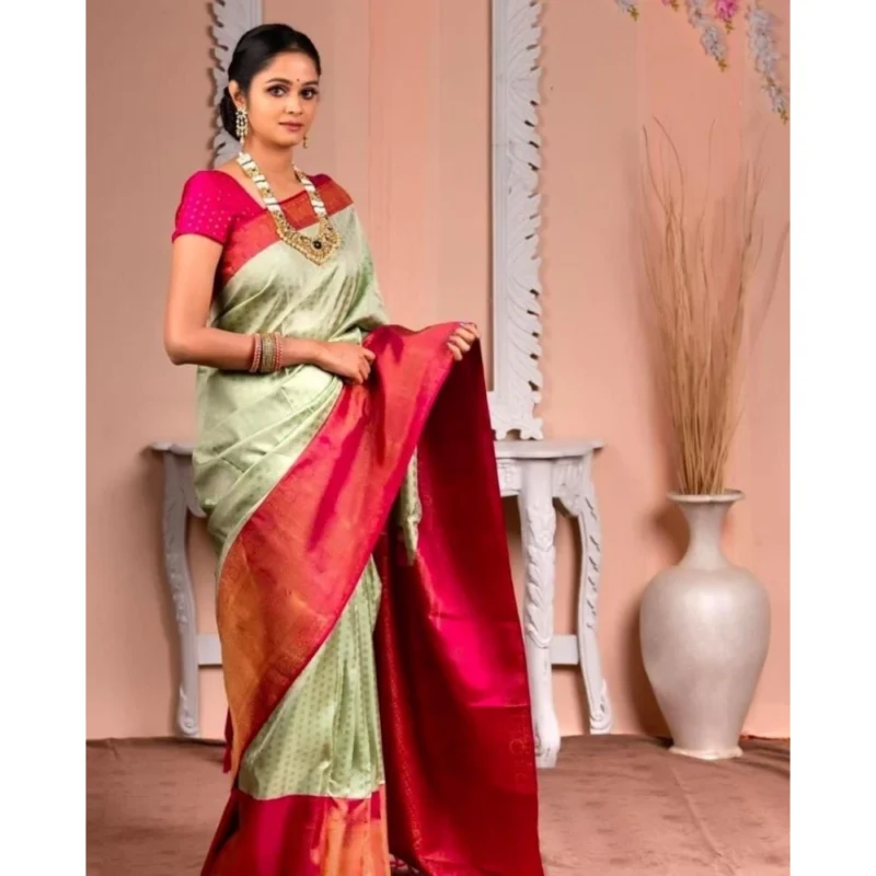 Women's Soft Lichi Silk Printed Saree With Unstitched Blouse 5.5Mtr (Light Green) - Image 3