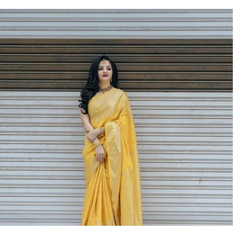 Women's Soft Lichi Silk Printed Saree With Unstitched Blouse 5.5Mtr (Yellow) - Image 2