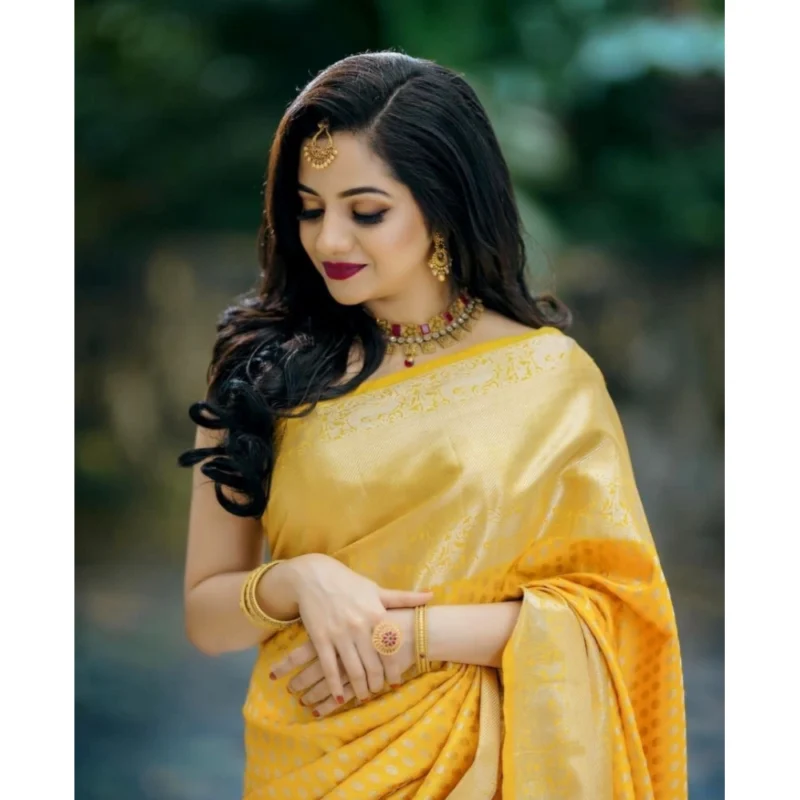 Women's Soft Lichi Silk Printed Saree With Unstitched Blouse 5.5Mtr (Yellow) - Image 4