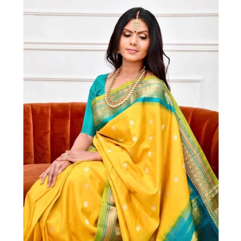 Women's Soft Lichi Silk Printed Saree With Unstitched Blouse 5.5Mtr (Yellow) - Image 2