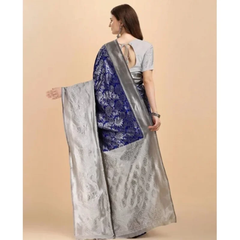 Women's Soft Lichi Silk Printed Saree With Unstitched Blouse 5.5Mtr (Blue) - Image 4