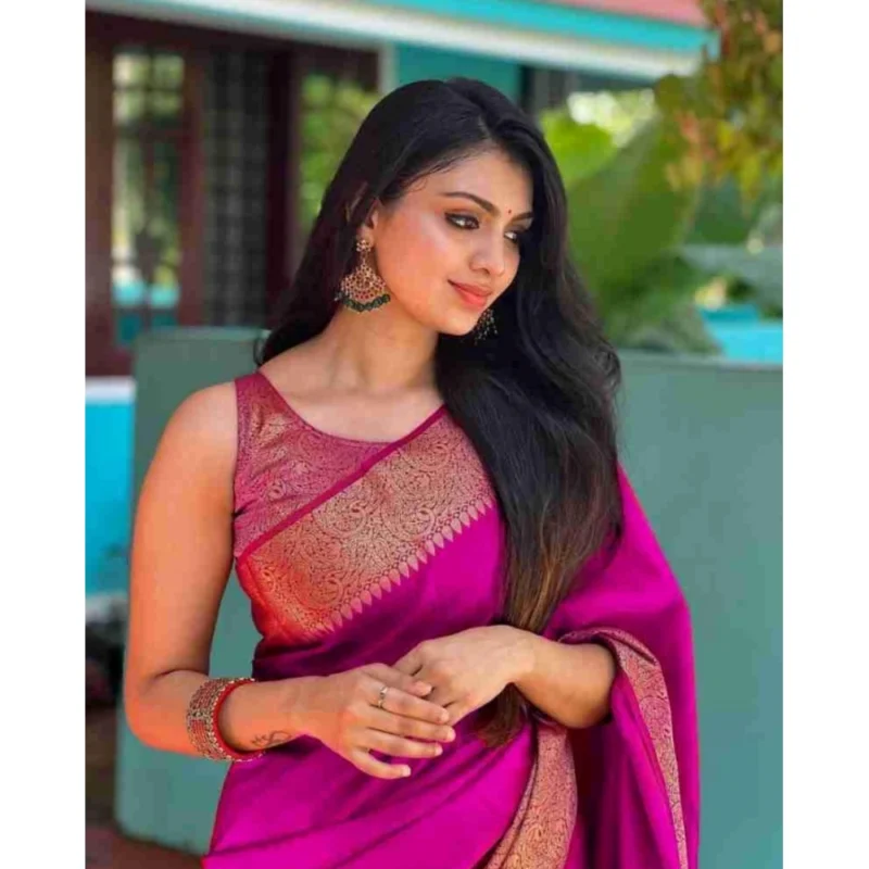 Women's Soft Lichi Silk Solid Saree With Unstitched Blouse 5.5Mtr (Pink) - Image 2