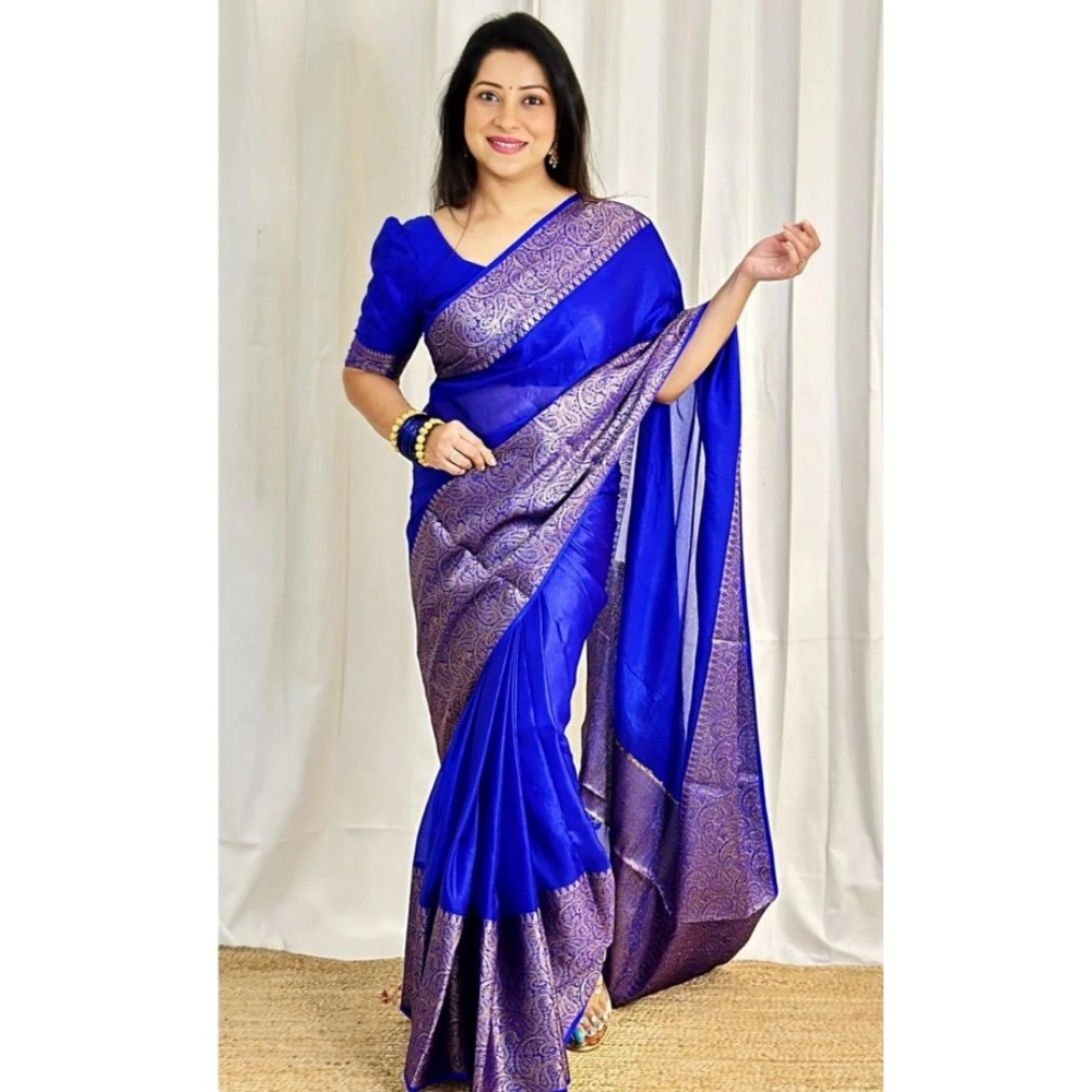 Women's Soft Lichi Silk Solid Saree With Unstitched Blouse 5.5Mtr (Blue) - Image 4