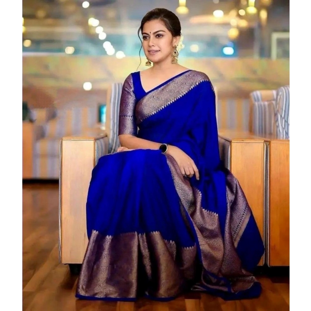 Women's Soft Lichi Silk Solid Saree With Unstitched Blouse 5.5Mtr (Blue) - Image 2