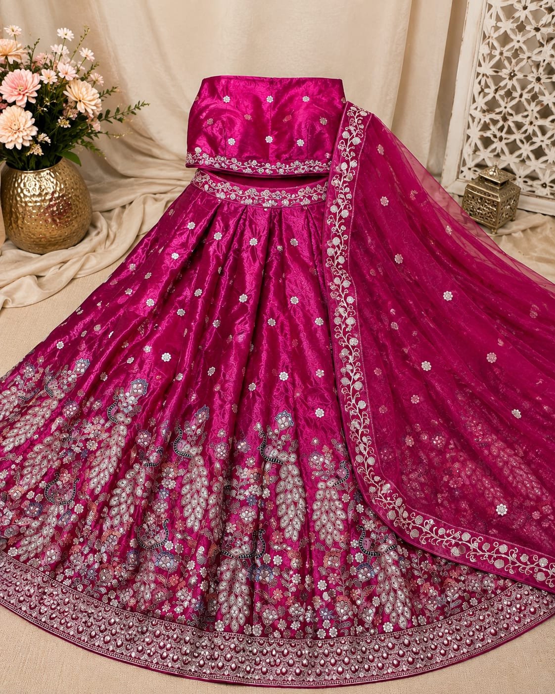 Rani Pink Embroidered Lehenga Choli Set with Designer Dupatta - Image 4