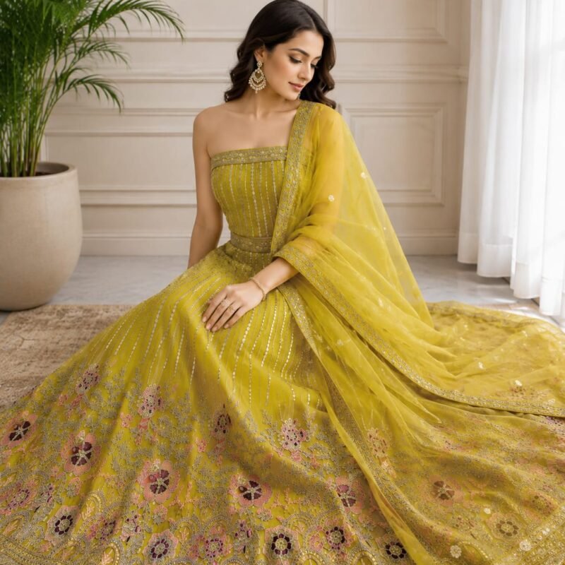 Mehndi Yellow Embroidered Lehenga Choli Set with Designer Dupatta - Image 4