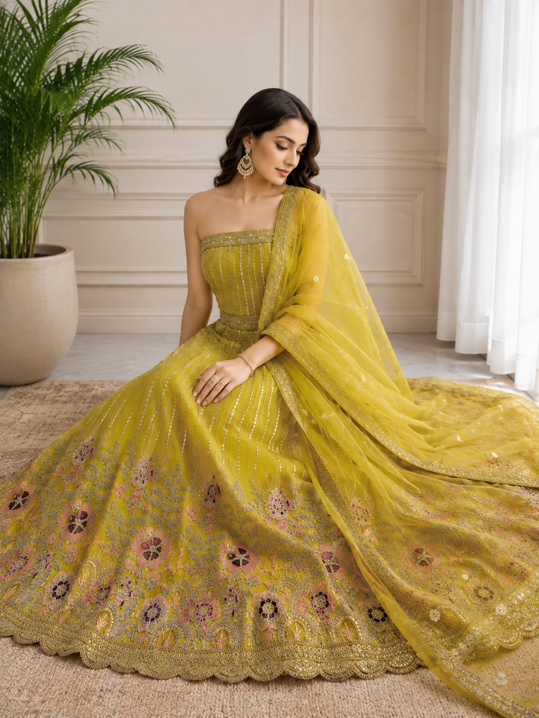 Mehndi Yellow Embroidered Lehenga Choli Set with Designer Dupatta - Image 4