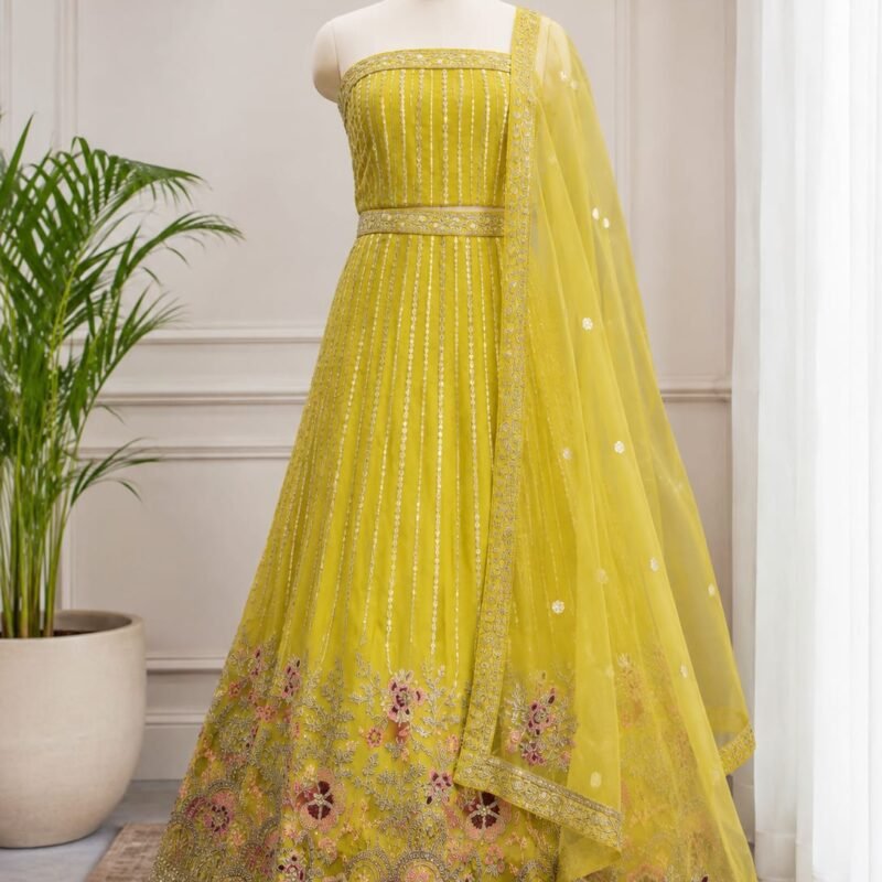 Mehndi Yellow Embroidered Lehenga Choli Set with Designer Dupatta