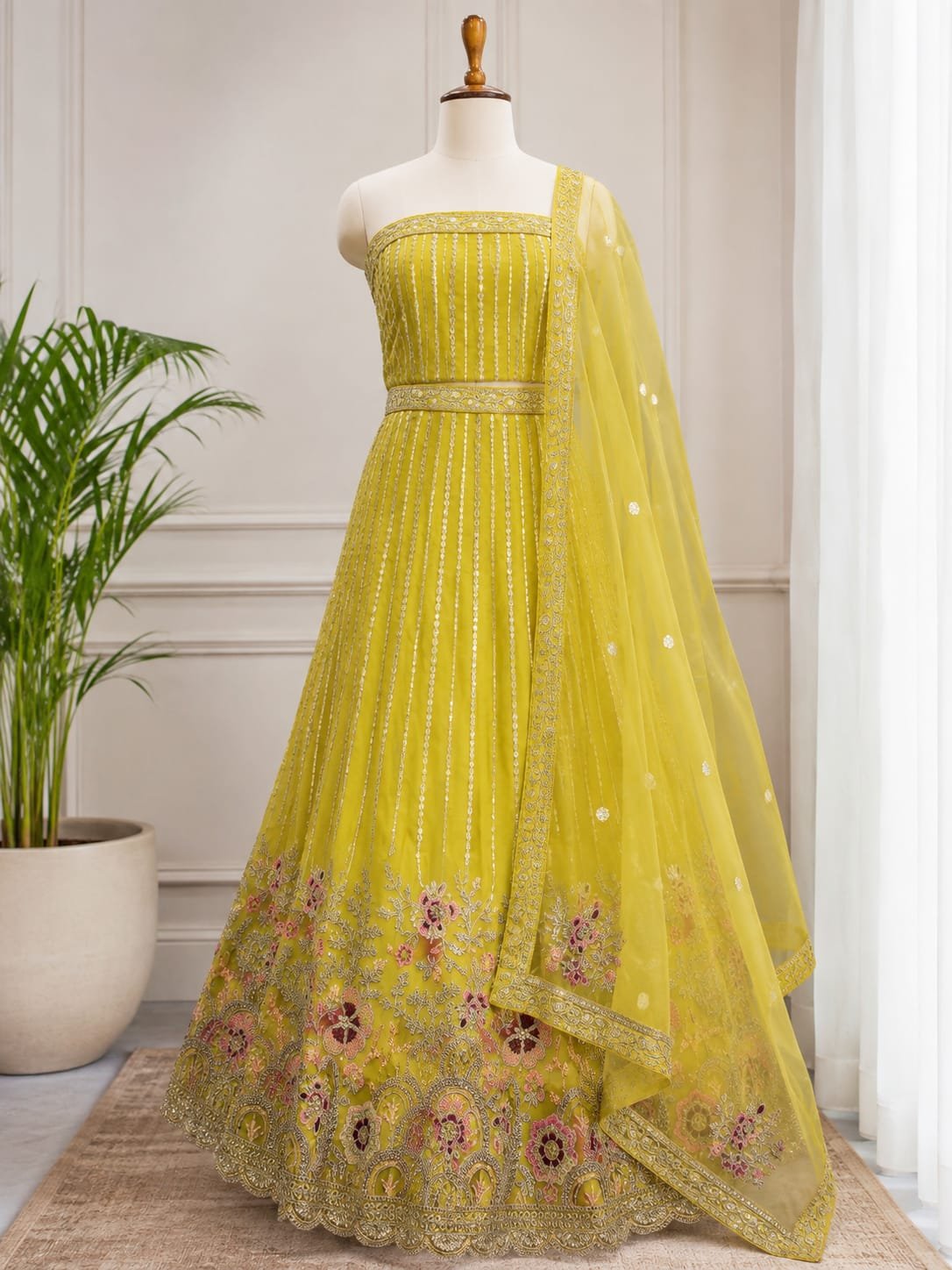 Mehndi Yellow Embroidered Lehenga Choli Set with Designer Dupatta