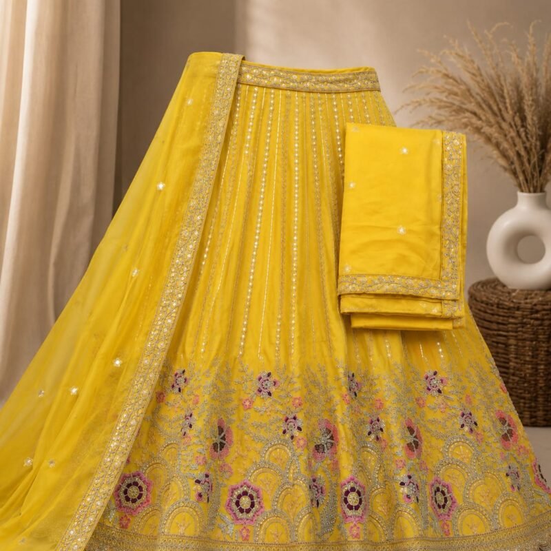 Mehndi Yellow Embroidered Lehenga Choli Set with Designer Dupatta - Image 3