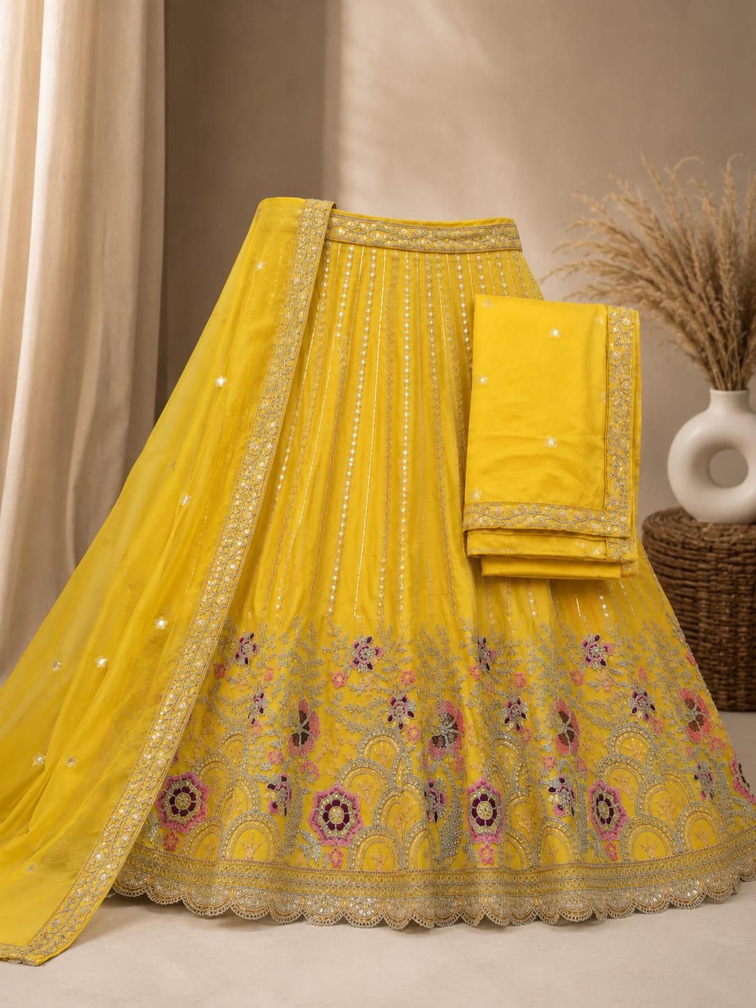 Mehndi Yellow Embroidered Lehenga Choli Set with Designer Dupatta - Image 3