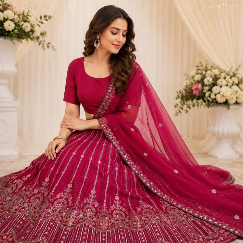 Wine Magenta Embroidered Lehenga Choli Set with Designer Dupatta - Image 5